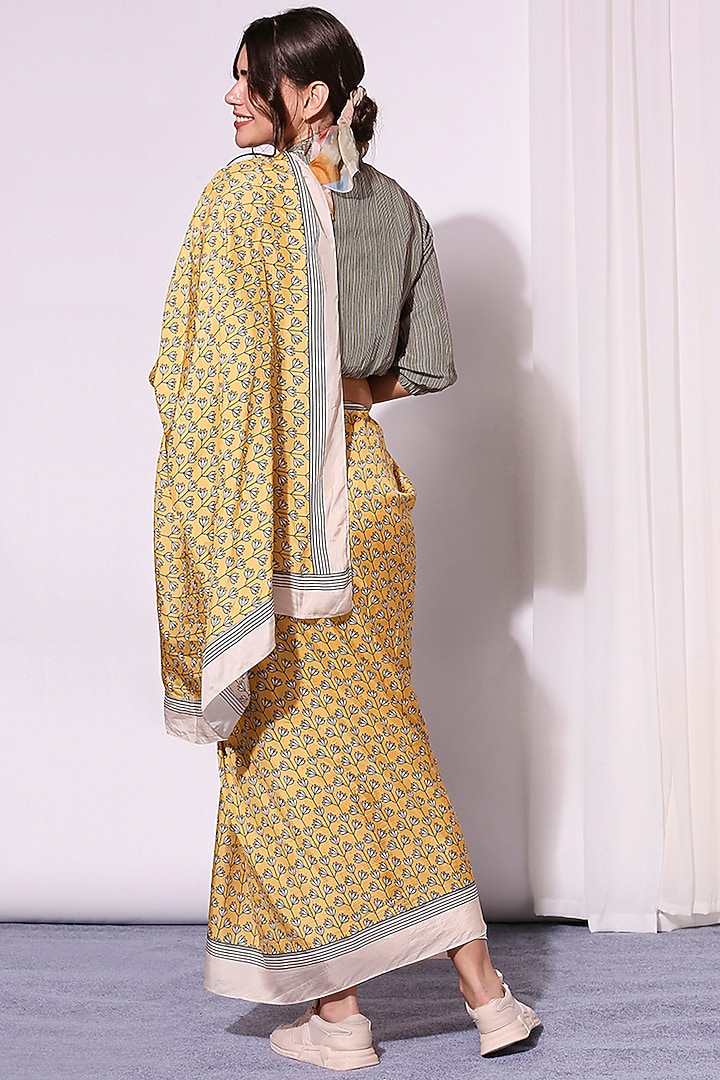 Slate Grey & Yellow Tussar Printed Draped Festive Saree Set by Soup by Sougat Paul at Pernia's Pop Up Shop