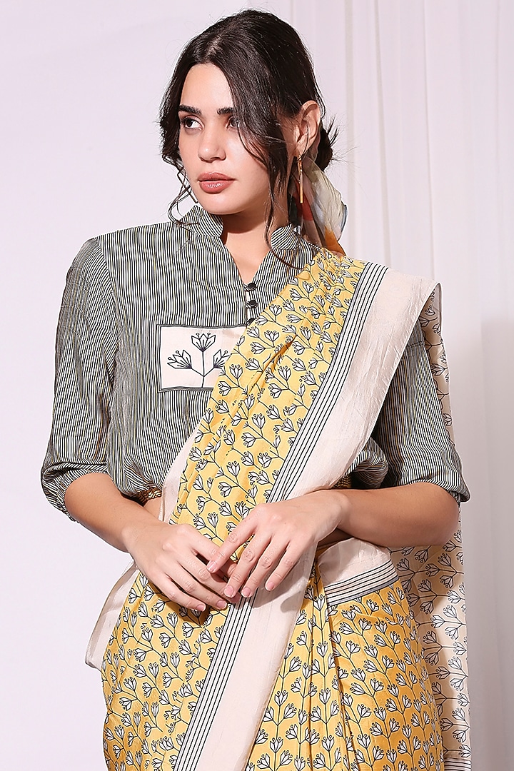 Slate Grey & Yellow Tussar Printed Draped Festive Saree Set by Soup by Sougat Paul at Pernia's Pop Up Shop