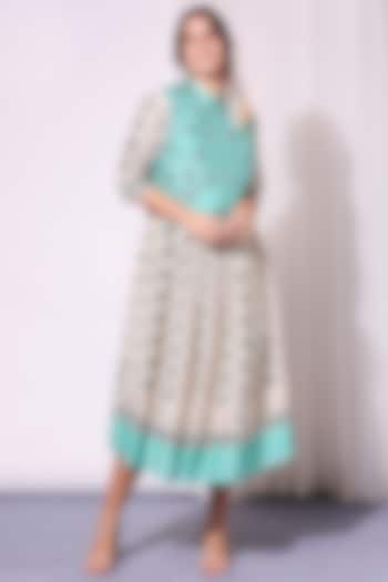 Off White & Sea Green Printed Gathered Dress With Jacket by Soup by Sougat Paul