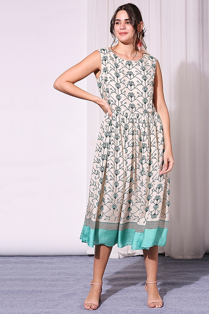Off White & Sea Green Printed Gathered Summer Dress With Jacket by Soup by Sougat Paul at Pernia's Pop Up Shop
