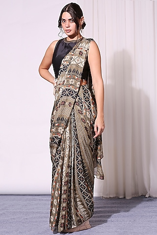 Beige Chiffon & Silk Pre-Stitched Saree Set by Soup by Sougat Paul