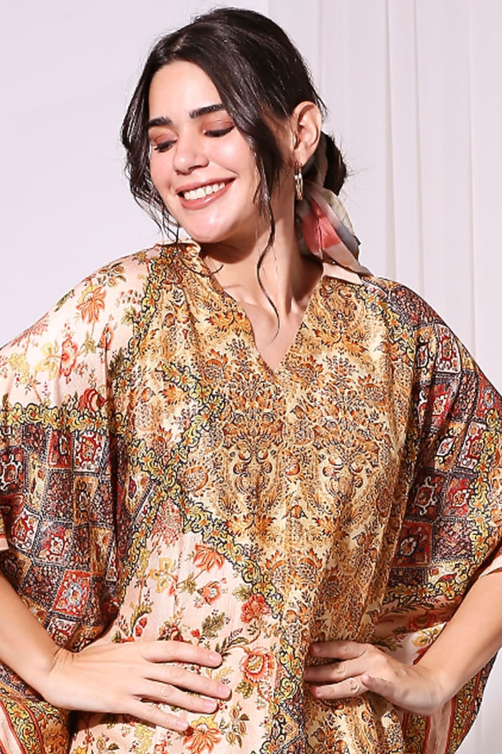 Golden Beige Printed Kaftan by Soup by Sougat Paul at Pernia's Pop Up Shop