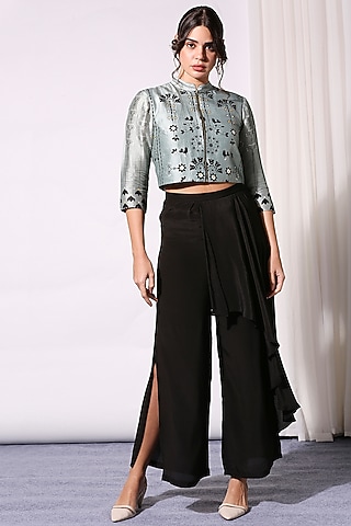 Powder Blue Printed Bomber Jacket Set by Soup by Sougat Paul