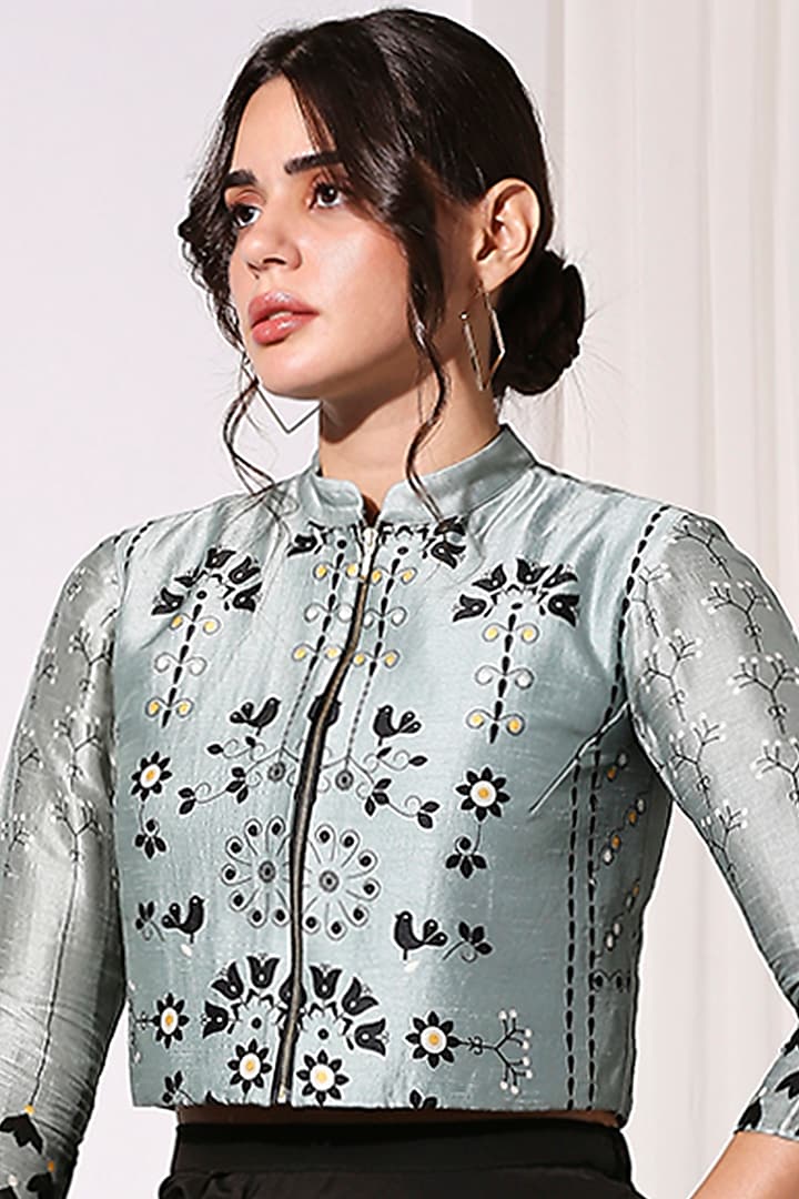Powder Blue Printed Bomber Jacket Set by Soup by Sougat Paul at Pernia's Pop Up Shop