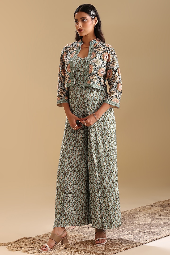 Green Muslin Printed Jumpsuit With Jacket by Soup by Sougat Paul at Pernia's Pop Up Shop