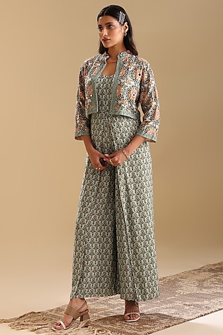 Green Muslin Printed Jumpsuit With Jacket by Soup by Sougat Paul