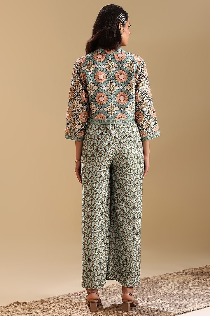 Green Muslin Printed Jumpsuit With Jacket by Soup by Sougat Paul at Pernia's Pop Up Shop