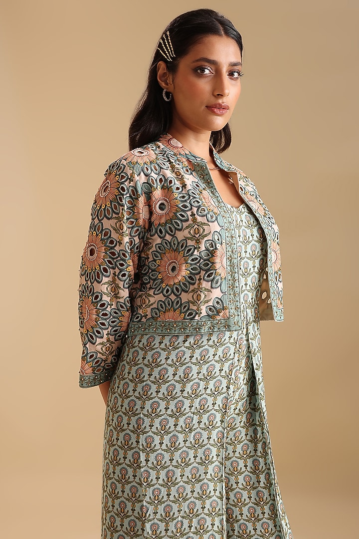 Green Muslin Printed Jumpsuit With Jacket by Soup by Sougat Paul at Pernia's Pop Up Shop