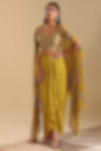 Yellow Crepe Draped Skirt Set by Soup by Sougat Paul at Pernia's Pop Up Shop