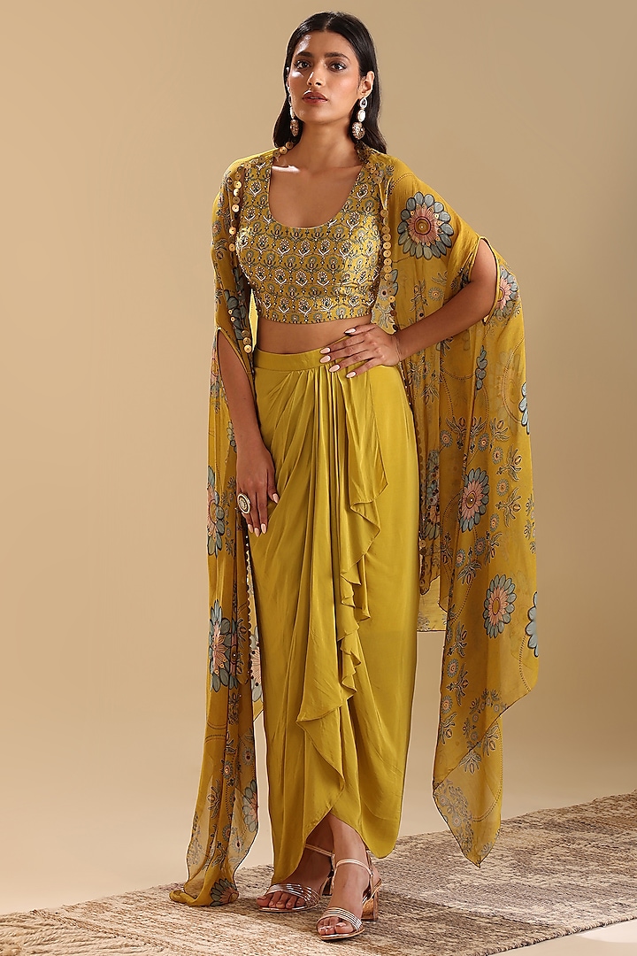 Yellow Crepe Draped Skirt Set by Soup by Sougat Paul at Pernia's Pop Up Shop