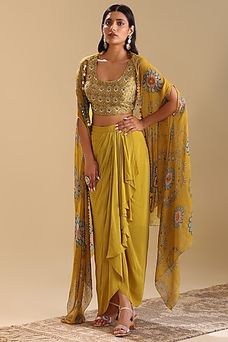 Yellow Crepe Draped Skirt Set by Soup by Sougat Paul