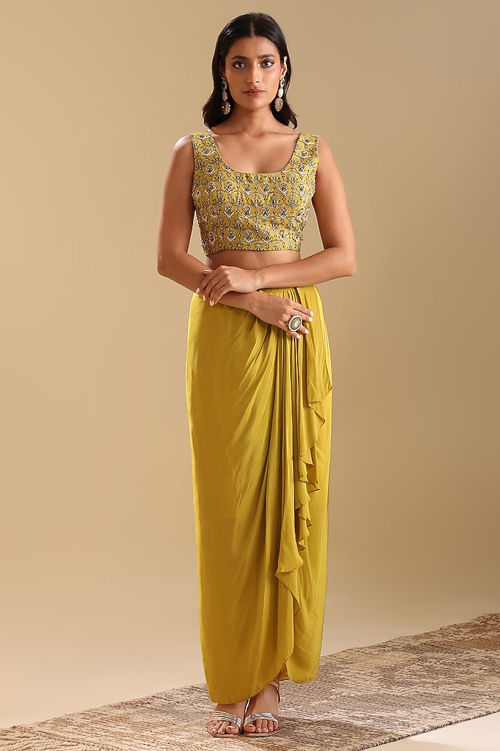 Yellow Crepe Draped Skirt Set by Soup by Sougat Paul at Pernia's Pop Up Shop