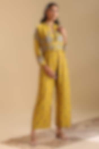 Yellow Chanderi Printed Jumpsuit With Jacket by Soup by Sougat Paul at Pernia's Pop Up Shop