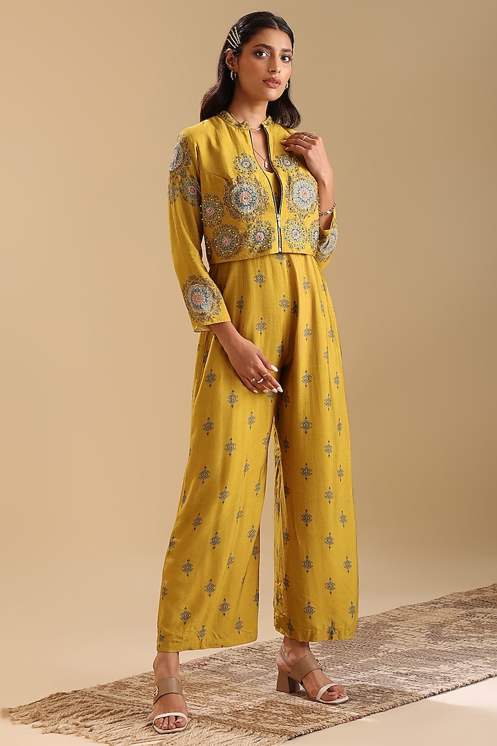 Yellow Chanderi Printed Jumpsuit With Jacket by Soup by Sougat Paul at Pernia's Pop Up Shop