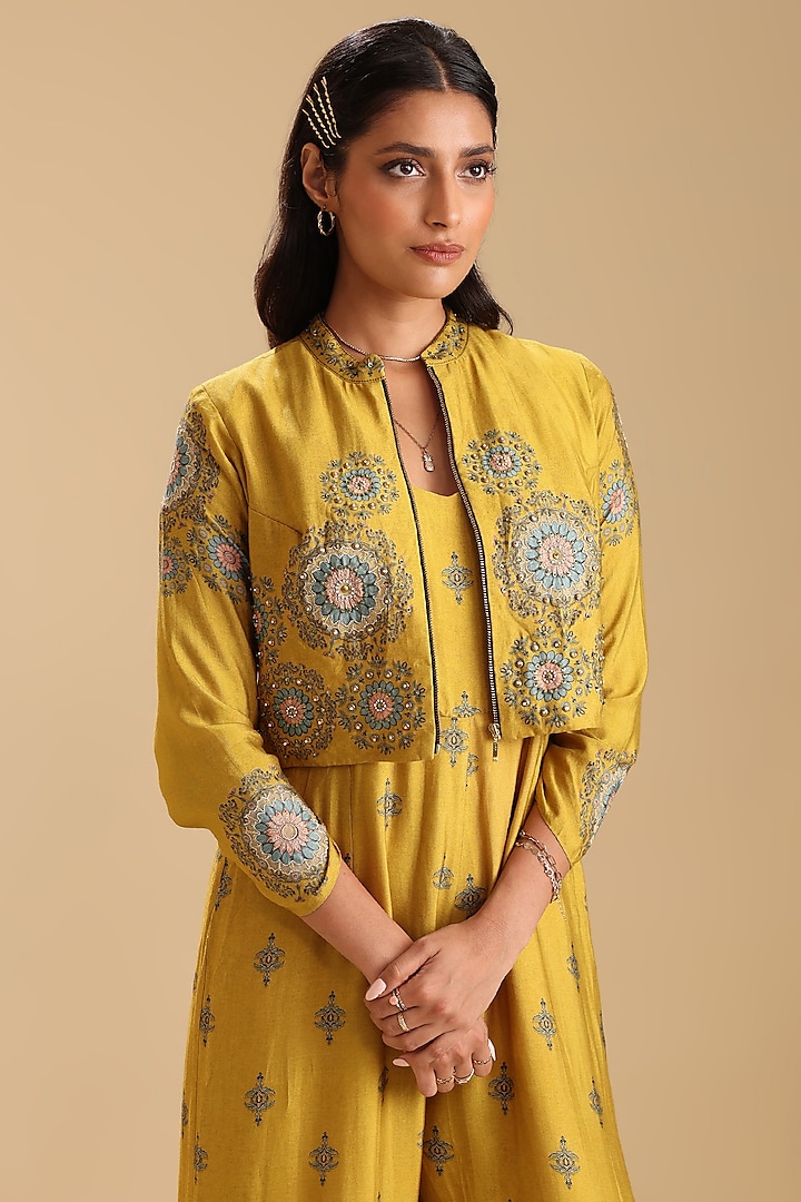 Yellow Chanderi Printed Jumpsuit With Jacket by Soup by Sougat Paul at Pernia's Pop Up Shop