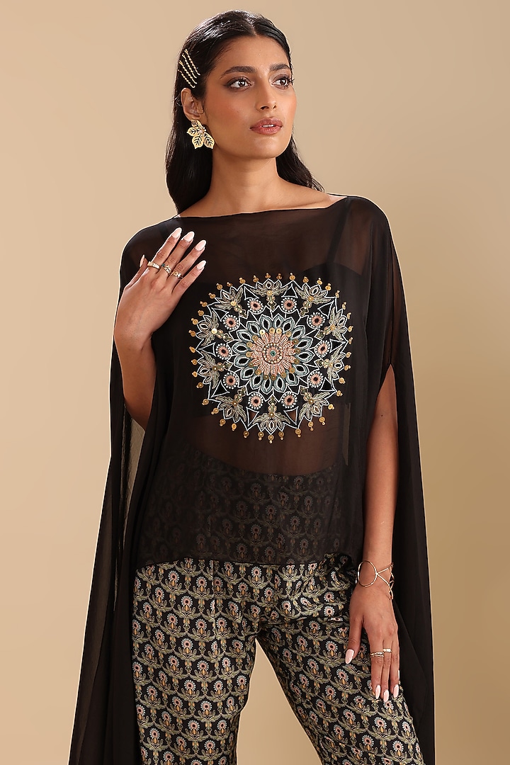 Black Organza Embroidered Cape Set by Soup by Sougat Paul at Pernia's Pop Up Shop