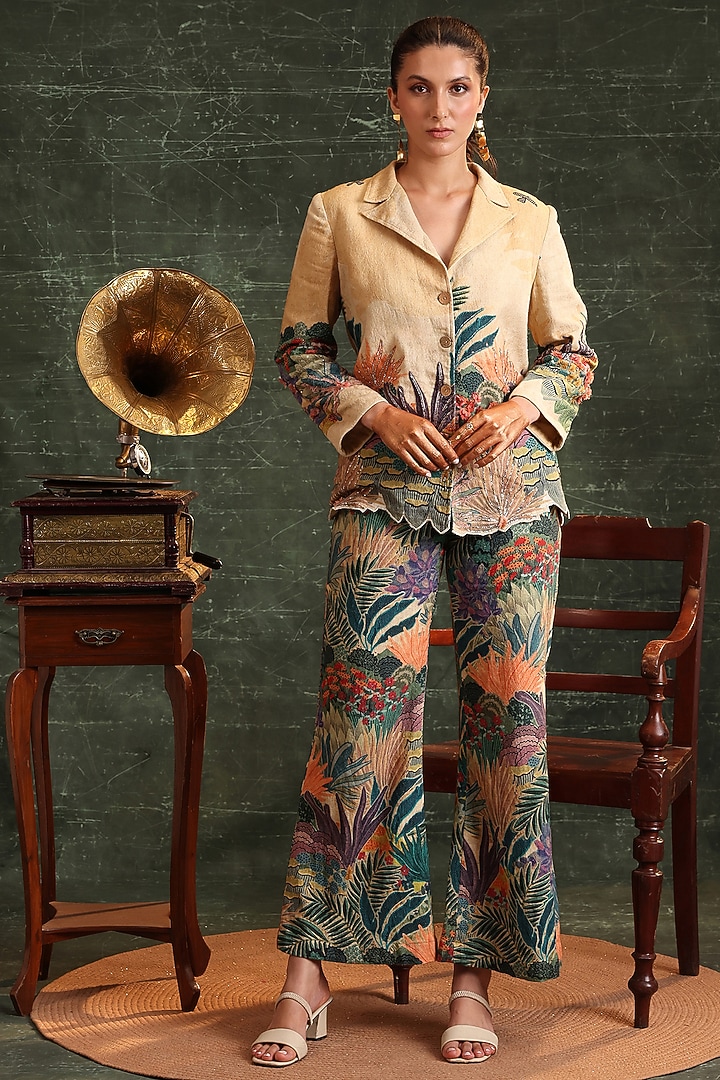 Beige Cotton Embroidered Blazer Set by Soup by Sougat Paul at Pernia's Pop Up Shop