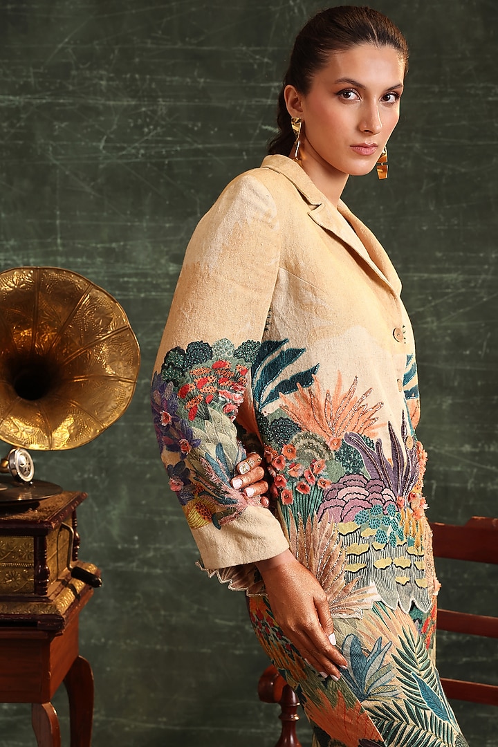 Beige Cotton Embroidered Blazer Set by Soup by Sougat Paul at Pernia's Pop Up Shop