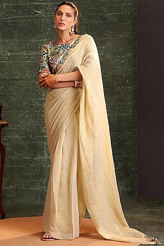 Beige Tissue Embellished Pre-Stitched Saree Set by Soup by Sougat Paul