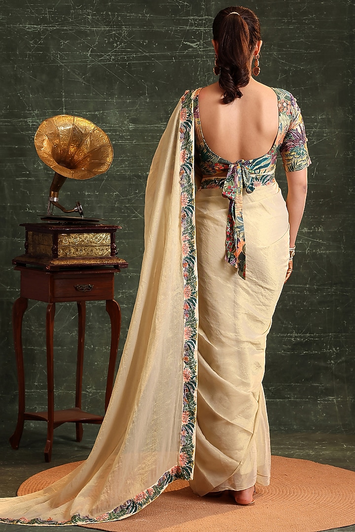 Beige Tissue Embellished Pre-Stitched Wedding Saree Set by Soup by Sougat Paul at Pernia's Pop Up Shop