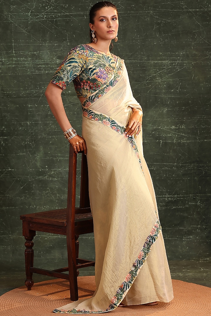 Beige Tissue Embellished Pre-Stitched Wedding Saree Set by Soup by Sougat Paul at Pernia's Pop Up Shop