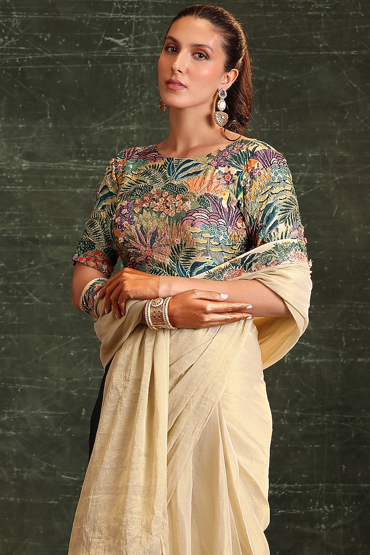 Beige Tissue Embellished Pre-Stitched Wedding Saree Set by Soup by Sougat Paul at Pernia's Pop Up Shop