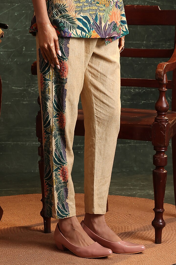 Beige Chanderi Printed Blazer Set by Soup by Sougat Paul at Pernia's Pop Up Shop