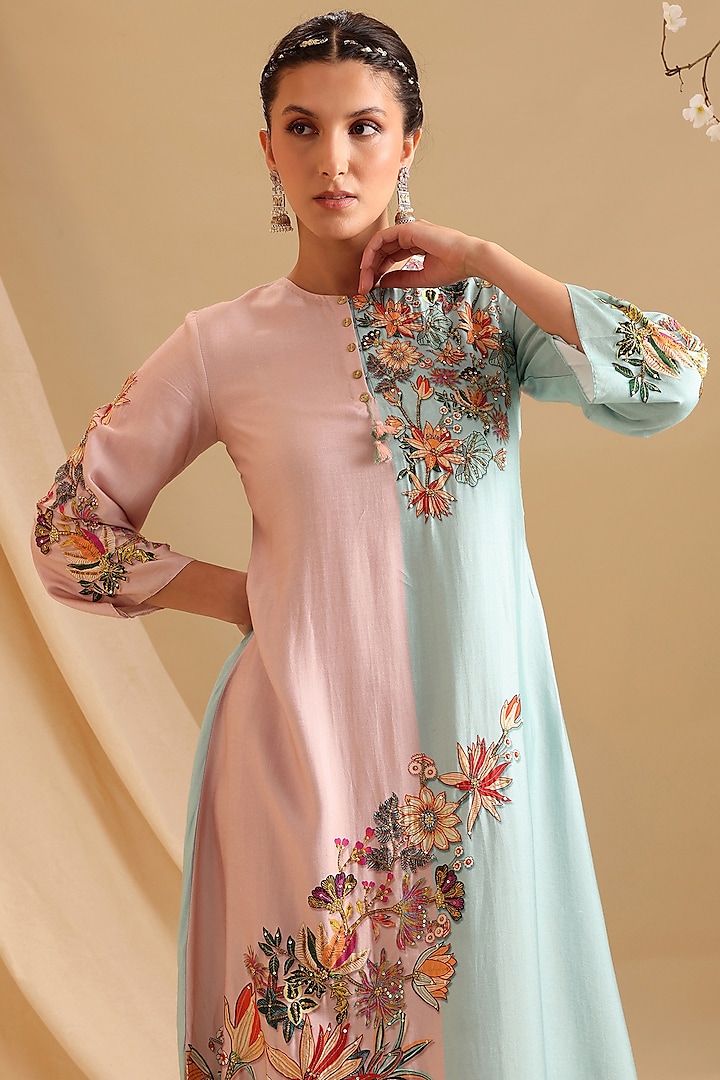 Pink & Blue Chanderi Embellished Vacation Dress by Soup by Sougat Paul at Pernia's Pop Up Shop