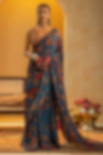 Blue Organza Embellished Pre-Stitched Party Wear Saree Set by Soup by Sougat Paul at Pernia's Pop Up Shop