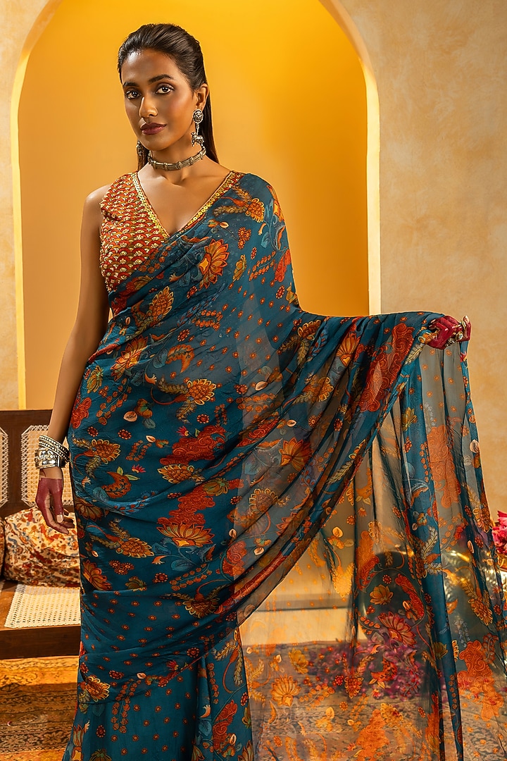 Blue Organza Embellished Pre-Stitched Party Wear Saree Set by Soup by Sougat Paul at Pernia's Pop Up Shop