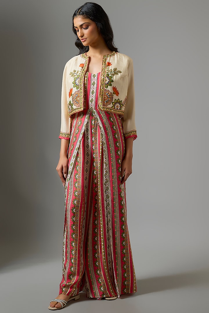 Red Silk Digital Printed Jumpsuit With Jacket by Soup by Sougat Paul at Pernia's Pop Up Shop