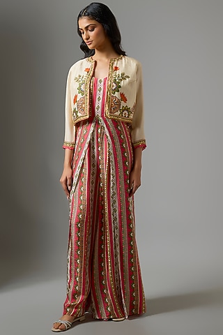 Red Silk Digital Printed Jumpsuit With Jacket by Soup by Sougat Paul
