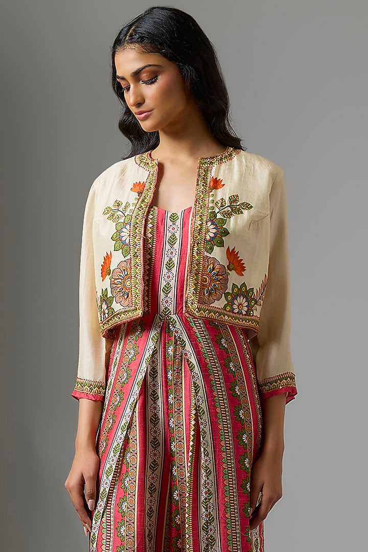 Red Silk Digital Printed Jumpsuit With Jacket by Soup by Sougat Paul at Pernia's Pop Up Shop