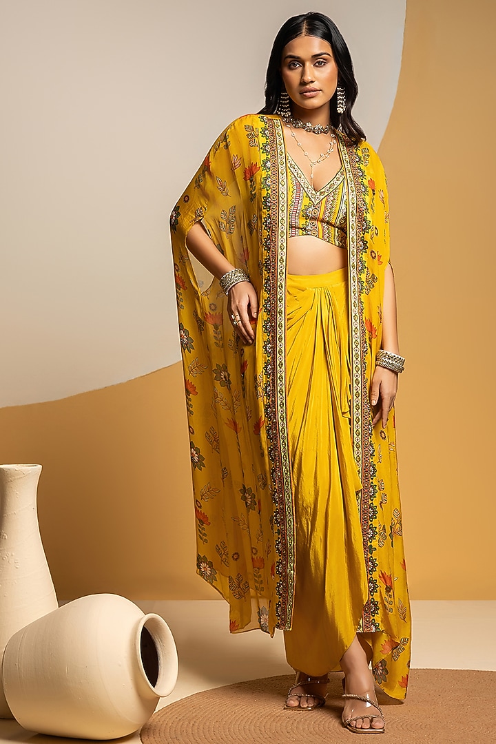 Yellow Crepe Draped Skirt Set by Soup by Sougat Paul at Pernia's Pop Up Shop