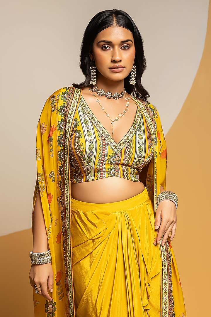 Yellow Crepe Draped Skirt Set by Soup by Sougat Paul at Pernia's Pop Up Shop