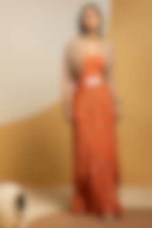 Rust & Beige Crepe Printed Jacket Dress by Soup by Sougat Paul