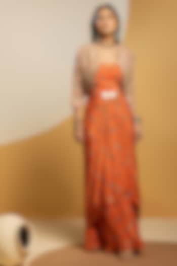 Rust & Beige Crepe Printed Jacket Vacation Dress by Soup by Sougat Paul at Pernia's Pop Up Shop
