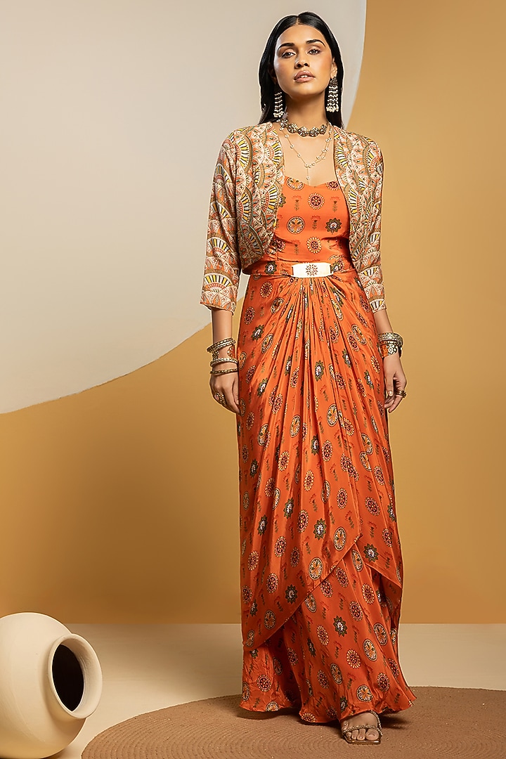 Rust & Beige Crepe Printed Jacket Vacation Dress by Soup by Sougat Paul at Pernia's Pop Up Shop