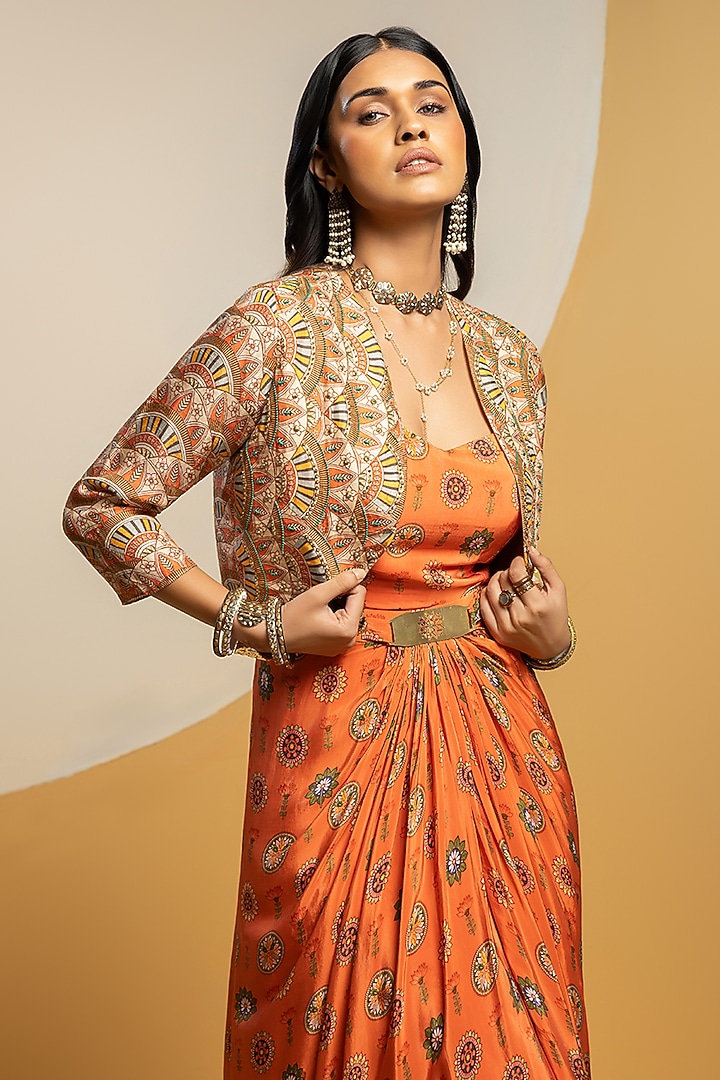 Rust & Beige Crepe Printed Jacket Vacation Dress by Soup by Sougat Paul at Pernia's Pop Up Shop