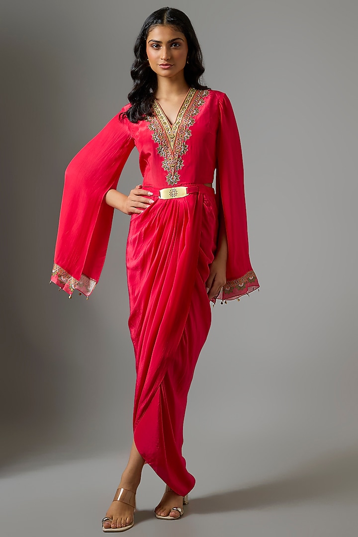 Pink Crepe Hand Embellished Draped Vacation Dress by Soup by Sougat Paul at Pernia's Pop Up Shop