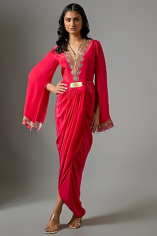 Pink Crepe Hand Embellished Draped Dress by Soup by Sougat Paul