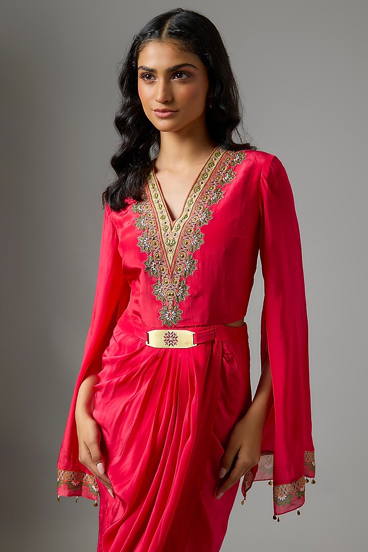 Pink Crepe Hand Embellished Draped Vacation Dress by Soup by Sougat Paul at Pernia's Pop Up Shop