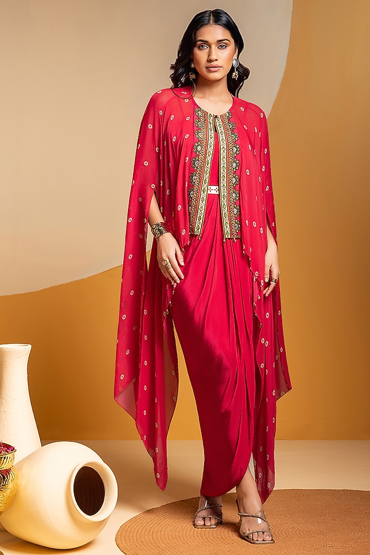 Pink Crepe & Organza Vacation Dress With Cape by Soup by Sougat Paul at Pernia's Pop Up Shop