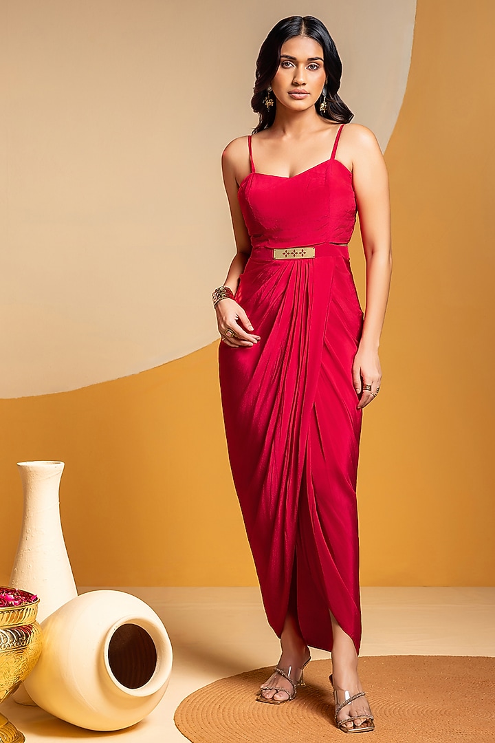 Pink Crepe & Organza Vacation Dress With Cape by Soup by Sougat Paul at Pernia's Pop Up Shop