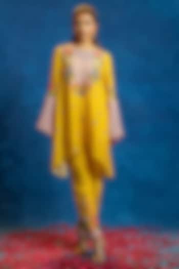 Yellow & Pink Cotton Net Color Blocked Kurta Set by Soup by Sougat Paul at Pernia's Pop Up Shop