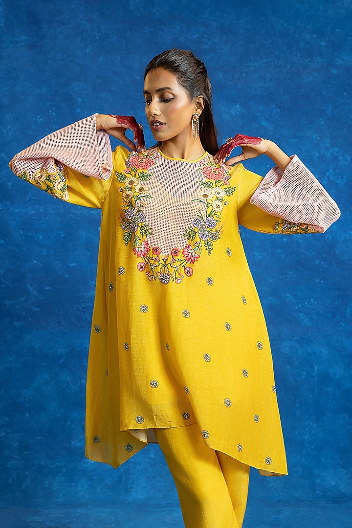 Yellow & Pink Cotton Net Color Blocked Kurta Set by Soup by Sougat Paul at Pernia's Pop Up Shop