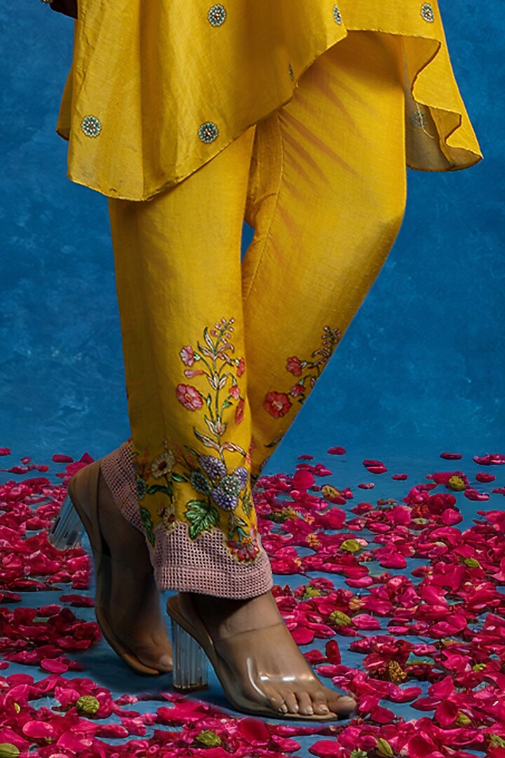 Yellow & Pink Cotton Net Color Blocked Kurta Set by Soup by Sougat Paul at Pernia's Pop Up Shop