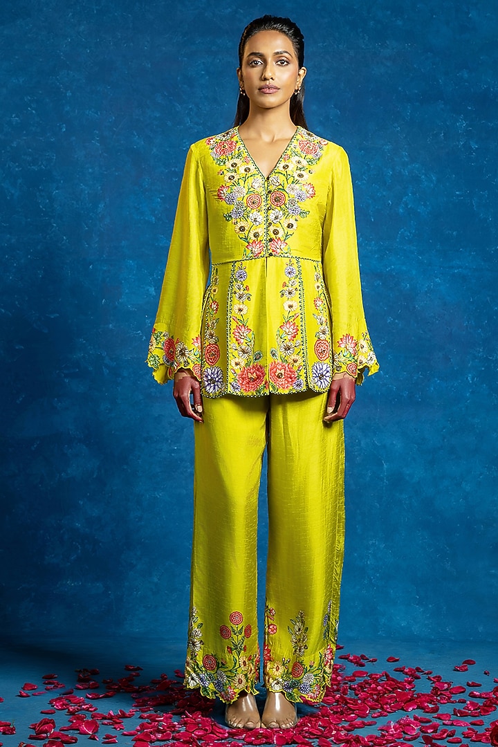 Yellow Malaysian Silk Printed Pant Set by Soup by Sougat Paul at Pernia's Pop Up Shop