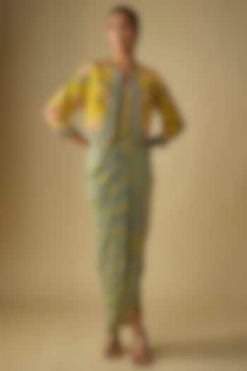 Yellow Crepe Printed Draped Jacket Vacation Dress by Soup by Sougat Paul at Pernia's Pop Up Shop