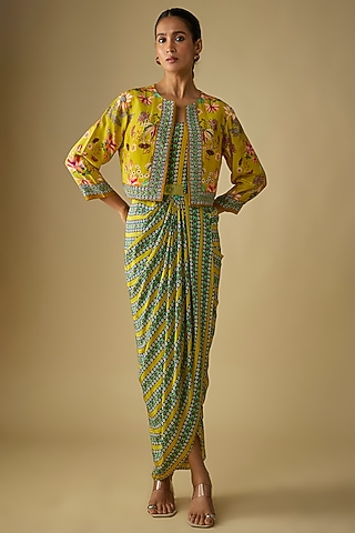Yellow Crepe Printed Draped Jacket Dress by Soup by Sougat Paul